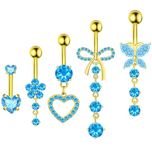 BSJ4U Belly Button Ring Dangle Navel Belly Piercing Jewelry Cute Pink CZ Heart Butterfly Bow Flower Navel Belly Rings for Women 14G Silver Stainless Steel Dainty Dangly Dangling Belly Button Piercing - color: Gold Plated Blue CZ Belly Button Rings