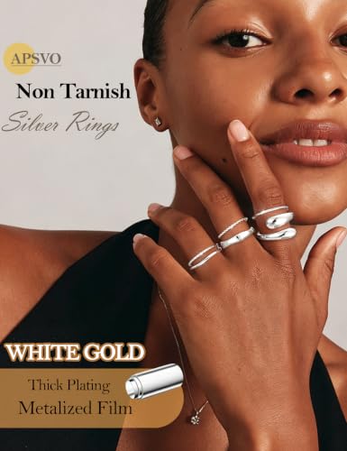 Apsvo Gold Rings for Women Non Tarnish, 6Pcs 14K Gold Plated Stackable Chunky Rings Set Trendy Statement Wedding Bands Pinky Thumb Rings Stacking Size 5-10 - color: Silver