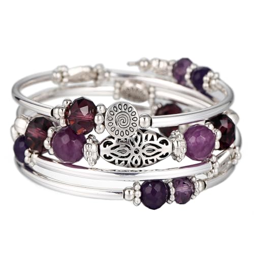 FULU AUTUMN Stackable Beaded Bracelets for Women Boho Wrap Silver Bracelet Layered Fashion Jewelry Gifts for Her - color: Purple