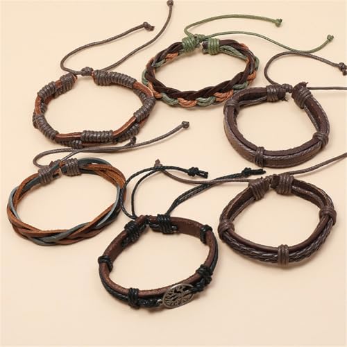 Leather Cuff Bracelet for Men Women, Multilayer Braided Wristband, Adjustable 6.5-9.5 Inches Wrap Bracelets Punk Gothic Grunge - color: Life Tree - 6Pcs