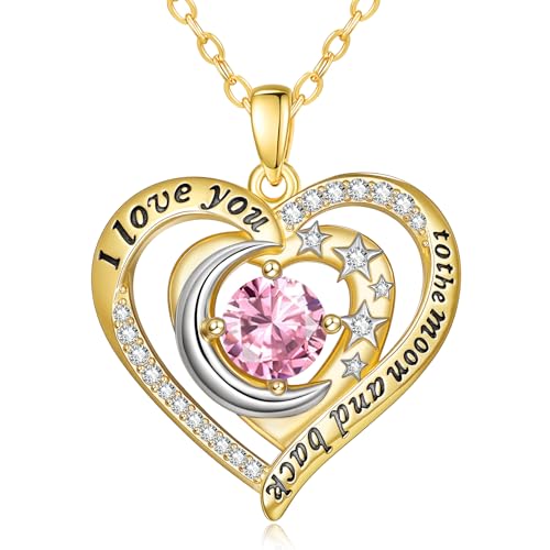 14K Gold I Love You to the Moon and Back Necklace for Women, Double Heart Birthstone Necklace, Moon Star Love Jewelry, Christmas Valentines Mothers Day Birthday Gifts for Wife Mom Girlfriend - color: 10-Oct Birthstone