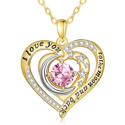 14K Gold I Love You to the Moon and Back Necklace for Women, Double Heart Birthstone Necklace, Moon Star Love Jewelry, Christmas Valentines Mothers Day Birthday Gifts for Wife Mom Girlfriend - color: 10-Oct Birthstone