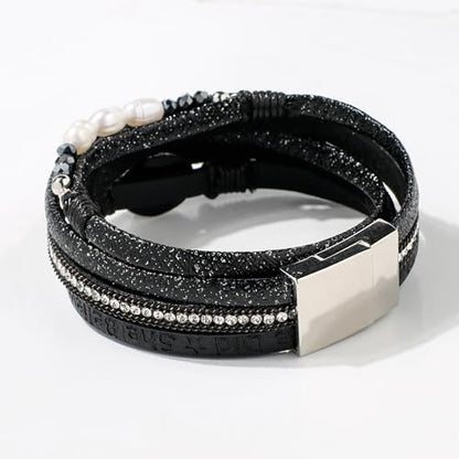 Artilady Leather Wrap Bracelet for Women, Pearl Beaded Bangle Stack Jewelry | Easy on-off, Elegant Handmade Multi-Layered, Daily Casual Date Beach Vacation, Gift for Ladies, Mother, Sister & Friend - style: So She Did, Black