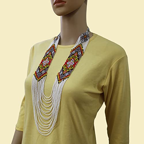 Handmade Native American Style Tribal ethnic Seed Bead Beaded Layered Medallion Necklace - color: White