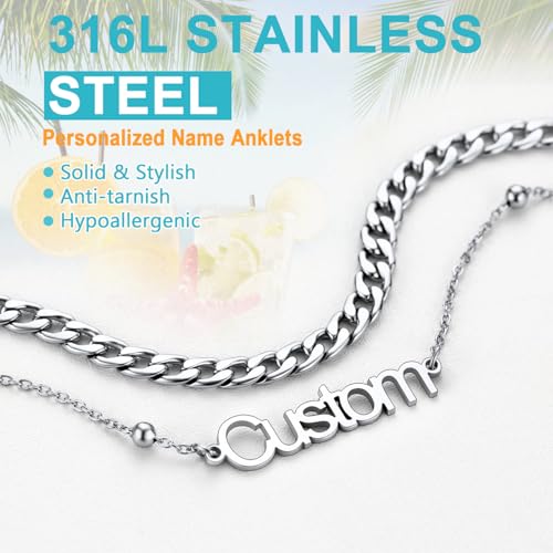 U7 Custom Layered Ankle Bracelets for Women Stainless Steel Bead/Cuban/Figaro/Rope/Wheat Chain Anklet Waterproof Anklet Jewelry for Beach Vacation - color: b-Silver-Cuban Chain