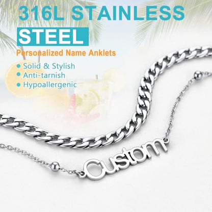 U7 Custom Layered Ankle Bracelets for Women Stainless Steel Bead/Cuban/Figaro/Rope/Wheat Chain Anklet Waterproof Anklet Jewelry for Beach Vacation - color: b-Silver-Cuban Chain
