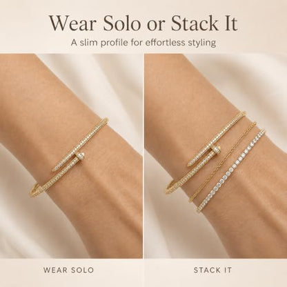 AuraLyric Gold Bracelets for Women, 14K Gold Plated Nail/Love/Emerald Green/Teardrop/Round White CZ Bangle Bracelets, Stackable Gold Bangles Non Tarnish, Gifts for Wife Mom Daughter 6.5 Inch - color: White CZ - Pave Set