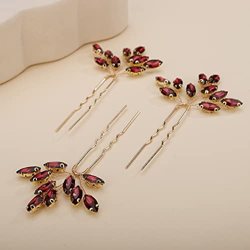 Teyglen 3pcs Bridal Crystal Hair Pins Rhinestones Hair Pieces Simple Crystal Wedding Hair Accessories Handmade Hair Pins for Women Bride Girls (Wine red) - color: Wine red