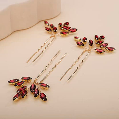 Teyglen 3pcs Bridal Crystal Hair Pins Rhinestones Hair Pieces Simple Crystal Wedding Hair Accessories Handmade Hair Pins for Women Bride Girls (Wine red) - color: Wine red