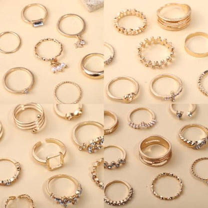 42-Piece Gold Tone Stackable Ring Set for Women, Boho Minimalist Stacking Rings with Crystal & Heart Accents, Adjustable Open Band Jewelry for Daily Wear - style: ZH00101