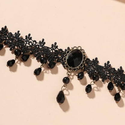CSIYANJRY99 Gothic Choker Necklace for Women Halloween Red Crystal Vampire Choker Steampunk Lace Choker Witch Costume Accessories - style: Long and short tassels