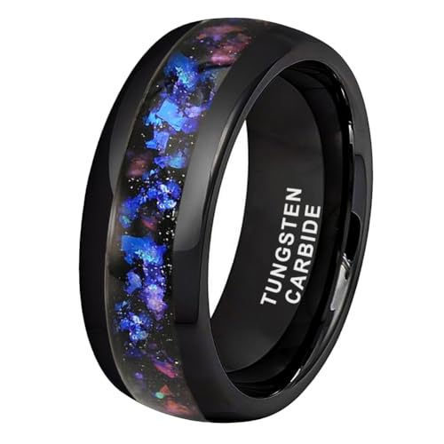 TUTISS 8mm Silver/Black/Gunmetal Tungsten Rings for Men Women Orion Nebula Opal Galaxy Fragment Inlay Fashion Jewelry Engagement Wedding Promise Band Polished Shiny Comfort Fit - color: 8mm Black Tungsten