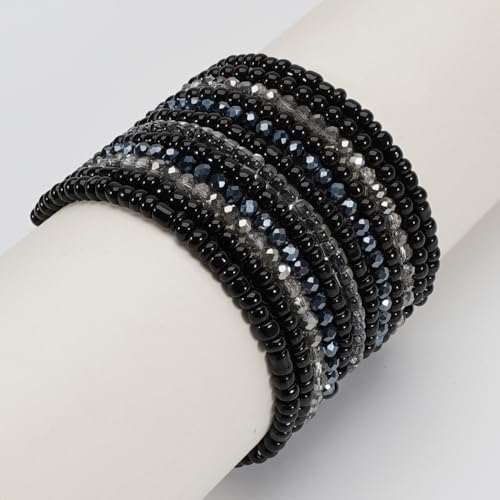 12Pcs Bohemia Multilayer Resin Seed Beaded Stackable Bracelets Colorful Crystal Glass Beads Stretch Bracelet BFF Friendship Elastic Wristbands for Women Men Summer Beach Boho Vacation Jewelry - color: Black