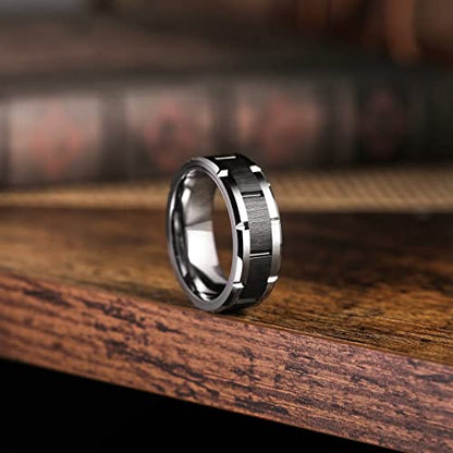 King Will Classic Mens 、Tungsten Carbide Rings Brick Pattern Groove Center | Silver/Black/Gold/Rose Gold, 8mm, Grooved, Comfort Fit, Brick pattern, Everyday Wear - color: A-Silver & Black