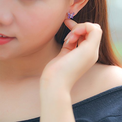 Butterfly Birthstone Stud Earrings - Women 925 Sterling Silver Butterflies Birthstone Stud Earrings Birthday Gift for Women - color: B.February