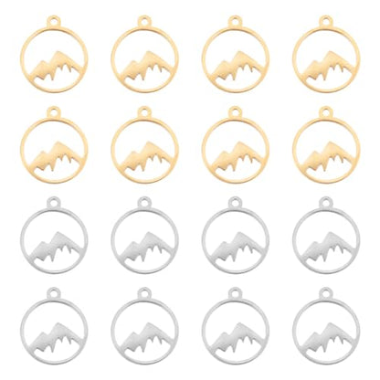 UNICRAFTALE Mountain Charms Flat Round with Mountain Dangle Pendants Stainless Steel Pendants Hypoallergenic Hollow Charms for Outdoor Lovers Hikers Skiers Climbers - style: Round Mountain