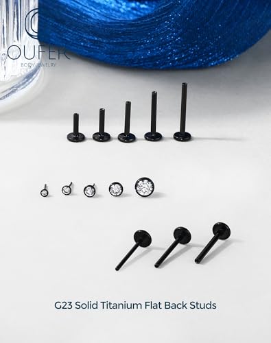 OUFER 2Pcs 20G/18G/16G G23 Titanium Threadless Nose Stud Earrings Flat Back Tiny CZ Small Nose Helix Cartilage Tragus Conch Labret Medusa Monroe Piercing Jewelry for Women Men - color: Black, size: 2pcs, 16g 4.5mm, 2mm cz