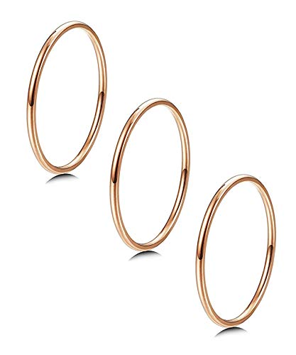 LOYALLOOK 3Pcs 1mm Thin 14K Gold Filled Stackable Rings For Women Non Tarnish Stainless Steel Plain Stacking Knuckle Thumb Pinky Statement Band Midi Rings Comfort Fit Size 3 to 10 - color: rose gold tone