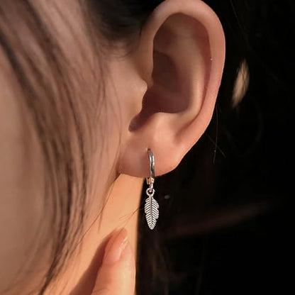Feather Hoop Dangle Earrings Silver Huggie Hoop Earrings Small Feather Leaf Drop Earring Vintage Metal Tiny Leaf Earring Jewelry for Women