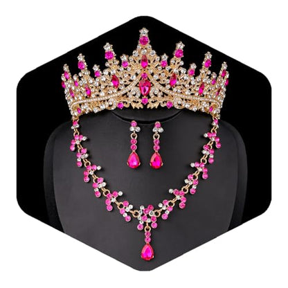 Crystal Crown and Tiara Jewelry Set for Women Bride with Necklace Earrings | Metal Rhinestone Royal Queen Princess Jewelry Set Wedding Quinceanera Pageant Prom Birthday Halloween Party Costume Gift - color: Style E-Hot Pink
