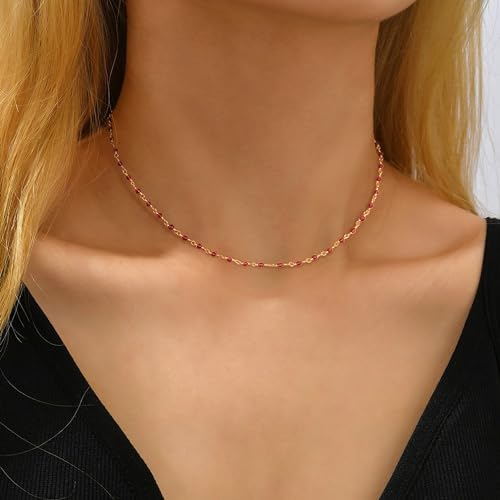 MTMY Beaded Necklaces for Women 14K Gold Plated Dainty Colorful Green/Rose Beaded Pearl Choker Necklace Delicate Boho Choker Necklace Jewelry Gift - style: Crystal-rose