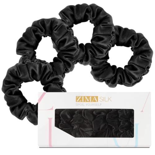 ZIMASILK 100% Pure Mulberry Silk Hair Scrunchies for Women | No Damage - Gentle Elastic Hair Ties for Ponytail Holder - Hair Accessories (4 Pack, Black) - color: Black (4pcs)