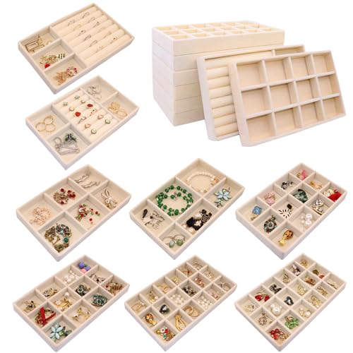 8 Stackable Jewelry Trays Organizer for Drawers Jewellry Storage Display Case for Earring Rings Necklace Bracelet Watch with Removable Dividers - color: BEIGE, size: Large