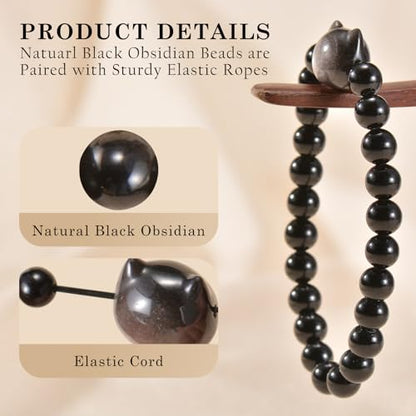Agate Round Beaded Bracelet for Women Men Natural Agates Stone Healing Bracelets Stretch Elastic Handmade Polished Gemstone Beads Bracelet - color: Cat Black Obsidian, size: 8mm Beads