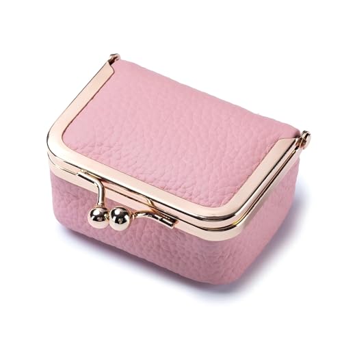 Genuine Leather Mini Jewelry Box & Coin Purse for Women, Travel Jewelry Case with Kiss Lock, Holds Earrings, Rings, Necklace, Bracelet, Coins (Pink-L 2.95in) - color: Pink-L 2.95in