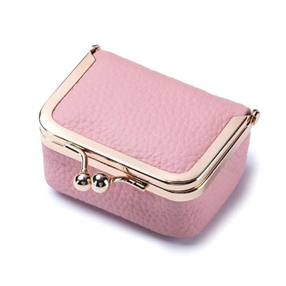 Genuine Leather Mini Jewelry Box & Coin Purse for Women, Travel Jewelry Case with Kiss Lock, Holds Earrings, Rings, Necklace, Bracelet, Coins (Pink-L 2.95in) - color: Pink-L 2.95in
