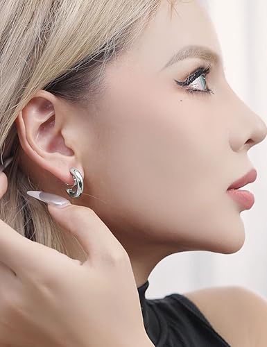 FAN&LOUIS Gold Clip On Hoop Earrings,Gold Silver Chunky Small Open Hoops Clip-On Earrings for Women Trendy Non-Pierced Ears Lightweight Teen - style: Silver