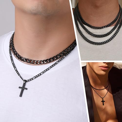 WEDDINEN Cross Necklace for Men Boys, Stainless Steel Layered Cross Pendant Cuban/Figaro Chains Christmas Jewelry Gifts - color: Black, size: 20in/22in