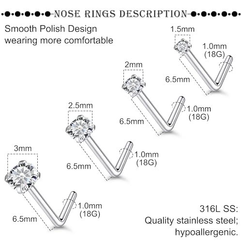 18G 20G 22G Titanium Stainless Surgical Steel Nose Rings Studs for Women L Shaped Nose Studs Screw Nose Ring Piercing Jewelry for Women Men Diamond CZ 1.5mm 2mm 2.5mm 3mm Silver Black Gold - style: 18g/Clear CZ/L-shaped/Silver