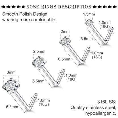 18G 20G 22G Titanium Stainless Surgical Steel Nose Rings Studs for Women L Shaped Nose Studs Screw Nose Ring Piercing Jewelry for Women Men Diamond CZ 1.5mm 2mm 2.5mm 3mm Silver Black Gold - style: 18g/Clear CZ/L-shaped/Silver