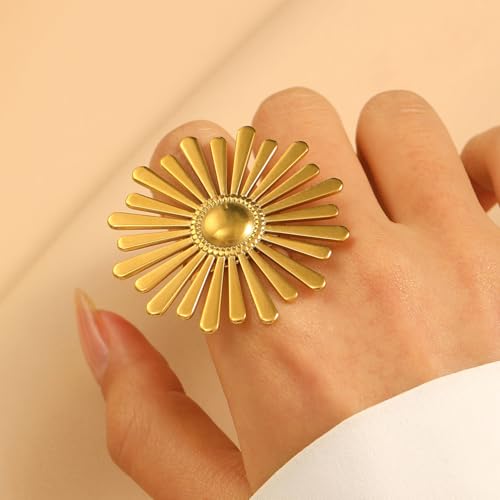 Vintage Sun Wrap Band Statement Ring for Women Men Stainless Steel 18k Gold Plated Trendy Adjustable Large Sunburst Knuckle Thumb Finger Open Band Stackable Rings Boho Delicate Jewelry for Her Mom