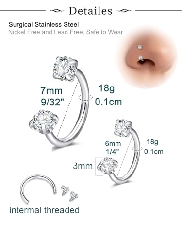 Longita 20g Nose Rings Hoop L Shape Nose Studs Stainless Steel Nose Screw Bone Flat Top Diamond Opal Heart High Nostril Piercing Jewelry Silver Rose Gold Black Pack for Women Men - color: C4- Horseshoe Ring 18g 6mm 7mm- silver 4pcs