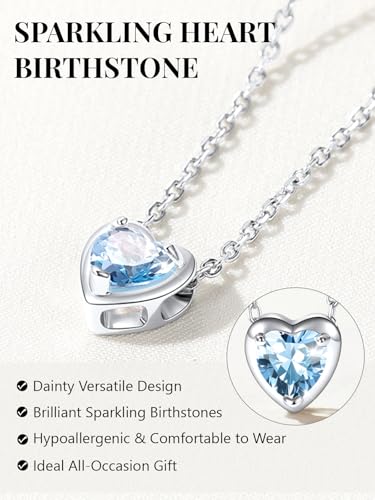 Silvora Heart/Round Birthstone Necklace for Women, Sparkling Crystal Pendant, Dainty Birth Month Jewelry, Adjustable 16"+2" Chain - color: Silver, style: March Heart