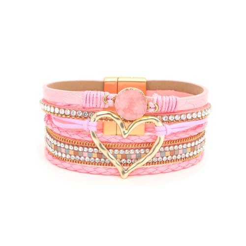 Fuqimanman2020 Heart Leather Wrap Bracelets Boho Stackable Cuff Bangles Resin Stone Rhinestone Bracelets with Clasp Christmas Jewelry Gift for Women - color: Pink