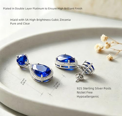 Drop Dangle Earrings Teardrop Gemstone Waterdrop White Gold Plated Crystal Hanging Cubic Zirconia Ruby Sapphire Emerald Jewelry Gift for Women Mother Wife - color: Sapphire