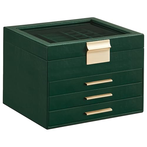 SONGMICS GISELLA Collection - Jewelry Box Organizer with Glass Lid, 4-Layer Jewelry Storage, with 3 Drawers, Modern Style, 8 x 9.1 x 6.5 Inches, Forest Green and Gold Color UJBC173C01 - color: Forest Green + Gold, size: 4 Layer (8"d X 9.1"w)