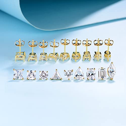 MDFUN 9 Pairs 18K Gold Plated Stud Earrings Set for Women, Cubic Zirconia Earrings Studs, CZ Diamond Jewelry Hypoallergenic, Round Square Teardrop Eye Heart Cut, Size 6-11mm - color: Gold