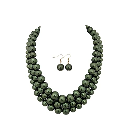Fashion 21 Women's Faux Pearl Three Multi-Strand Statement Necklace and Earrings Set - color: Dark Olive Green