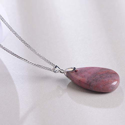 iSTONE 925 Sterling Silver Natural Crytral for Womens Pendant Necklace, Gemstone Birthstone with 17.8" Silver Chain Ladies - color: Rhodonite