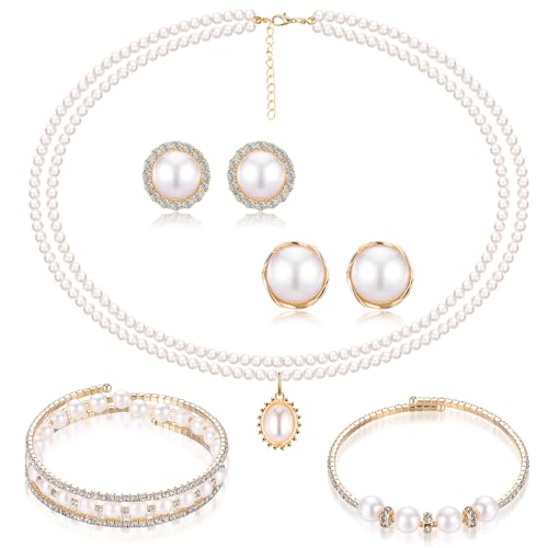 Glenmal Pearl Rhinestone Jewelry Set for Women Pearl Necklace Bracelet Earrings for Wedding Halloween Bridal Shower Tea Party - style: Delicate Style