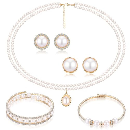 Glenmal Pearl Rhinestone Jewelry Set for Women Pearl Necklace Bracelet Earrings for Wedding Halloween Bridal Shower Tea Party - style: Delicate Style