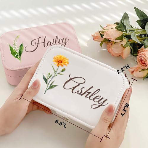 Personalized Jewelry Box Gifts for Women Custom Travel Jewelry Case Organization Leather Customized Birthday Anniversary Bridesmaid Gifts - color: 008-Pink/White-Flower