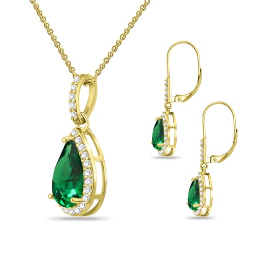 Jewelry Sets for Women, Necklace and Earring Sets for Women, Birthstone Jewelry, Genuine or Synthetic Gemstones, Teardrop Necklace and Dangle Earrings, Pendant Necklace, Sterling Silver Jewelry - color: Simulated Emerald - Yellow Gold