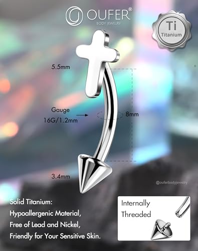 OUFER Rook Piercing Jewelry, G23 Solid Titanium Eyebrow Rings, Heart Vertical Labret Lip Jewelry, 16G Curved Barbells, Daith Rook Earrings for Women Men - color: Silver Cross, size: 16G 8mm