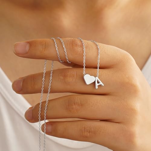 Turandoss Heart Initial Necklace for Women Teen Girls - 18K Gold Plated Letter A-Z Pendant Necklace Dainty Heart Necklaces Tiny Initial Necklaces Birthday Gifts for Women Jewelry - color: Silver, style: R