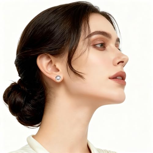 Grey Faux Pearl Stud Earrings, S925 Silver Posts Hypoallergenic for Women - color: Silvery Grey, size: 12mm